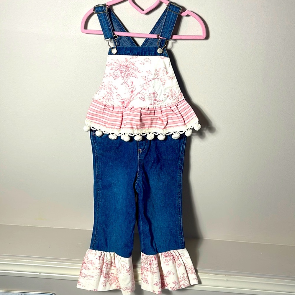 Addy’s Attic / Old Navy Denim Overall Pink Baby Toile Scene, Ruffle Bottom SZ 2T